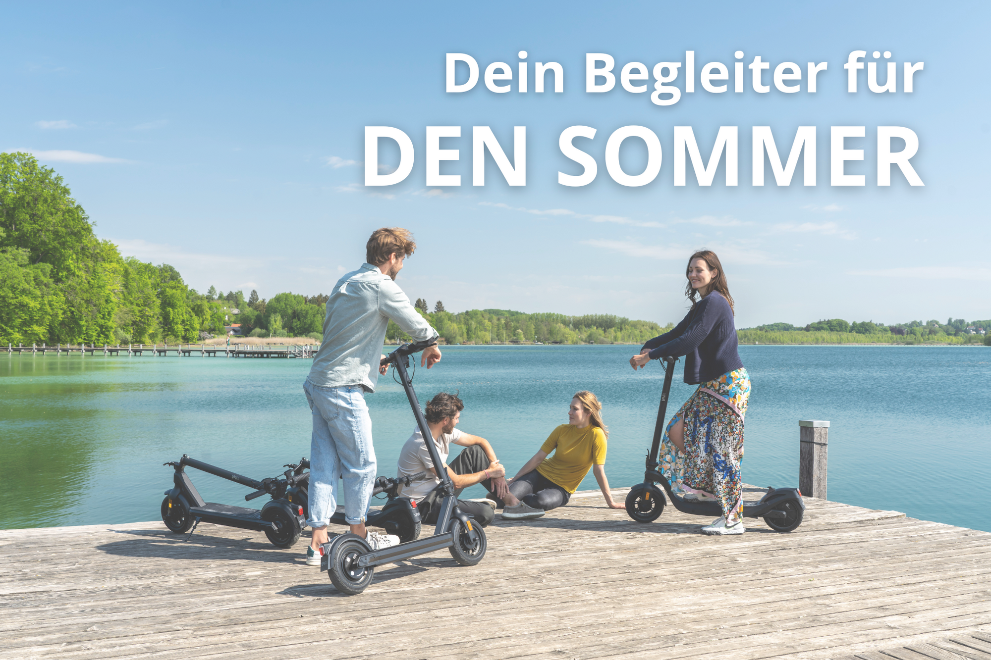 vier Personen, die mit ihrem VMAX e-Scooter am See entspannen