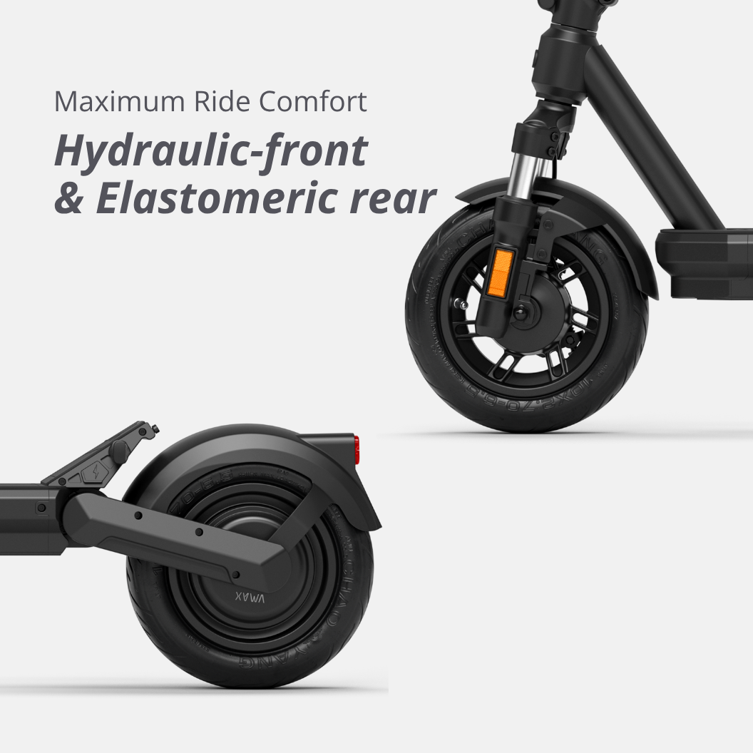 Nahaufnahme der Federung des VMAX VX2 Gear – hydraulische Vorderfederung und elastomere Hinterradfederung für hohen Fahrkomfort.