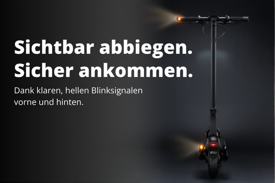 E-Scooter von VMAX mit integrierten Blinkern vorne und hinten für sicheres Abbiegen und bessere Sichtbarkeit im Strassenverkehr