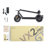 A folded black VX2 PRO electric scooter with a 500W motor, charger, tool, remote, pouch, manual, and a large beige VX2 PRO box displayed around it.