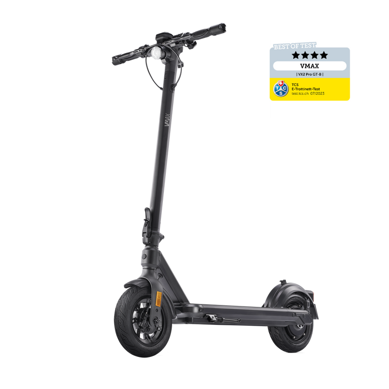 The VMAX VX2 PRO, a black electric scooter with a 500W motor, is displayed on a white background. A top-right badge shows 5 stars and Best of Test from E-Scooter-Test 09/2023.
